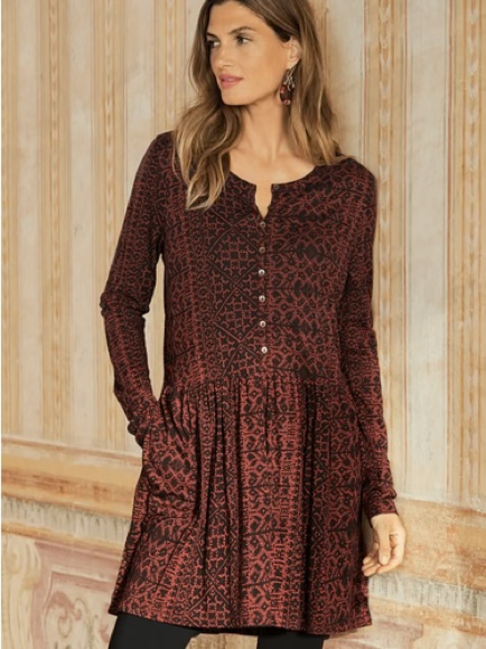 Peruvian Connection Tangier Fretwork Tunic Size XS Brick Red Pima Cotton Modal